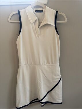 Thrive Society Women's White Sleeveless Polo Midi Dress with Black Trim